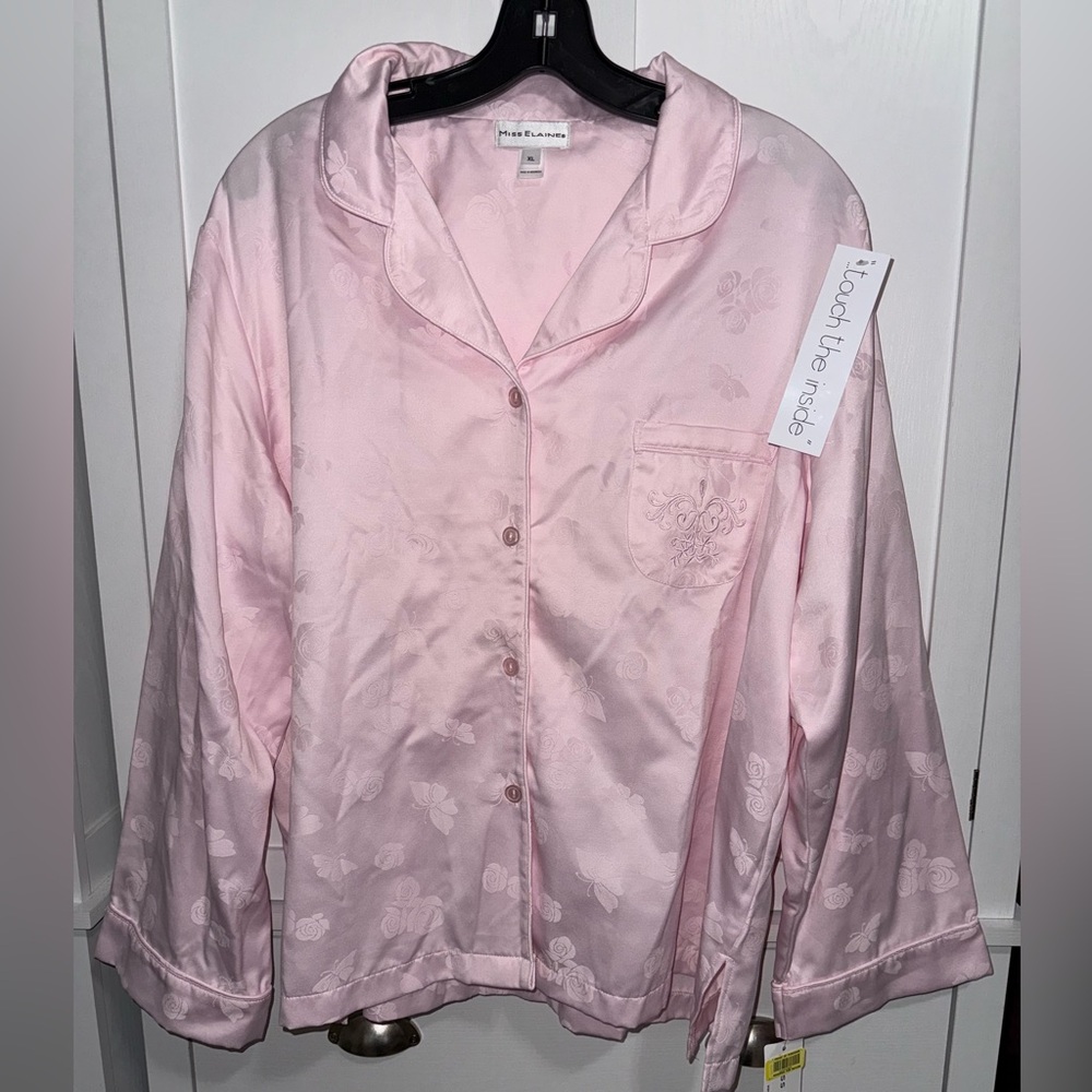 NWT Miss Elaine Pajama PJ Top Only Satin Pink XL Butterflies Roses Soft Inside